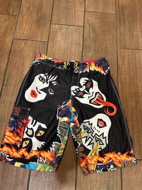 Men's Black Athletic Board Shorts with Colorful Graphic Faces